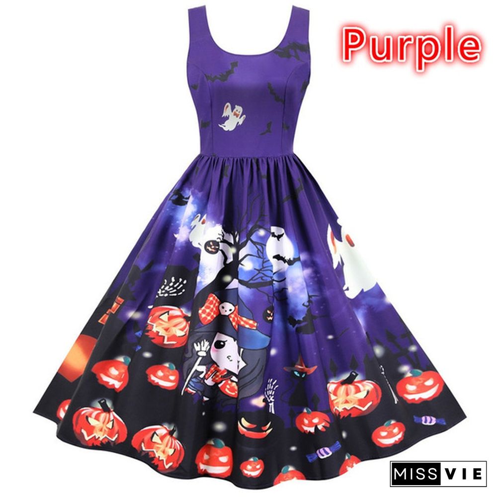 Women Halloween Party Dress Sleeveless Skull Pumpkin Printed Swing Dress