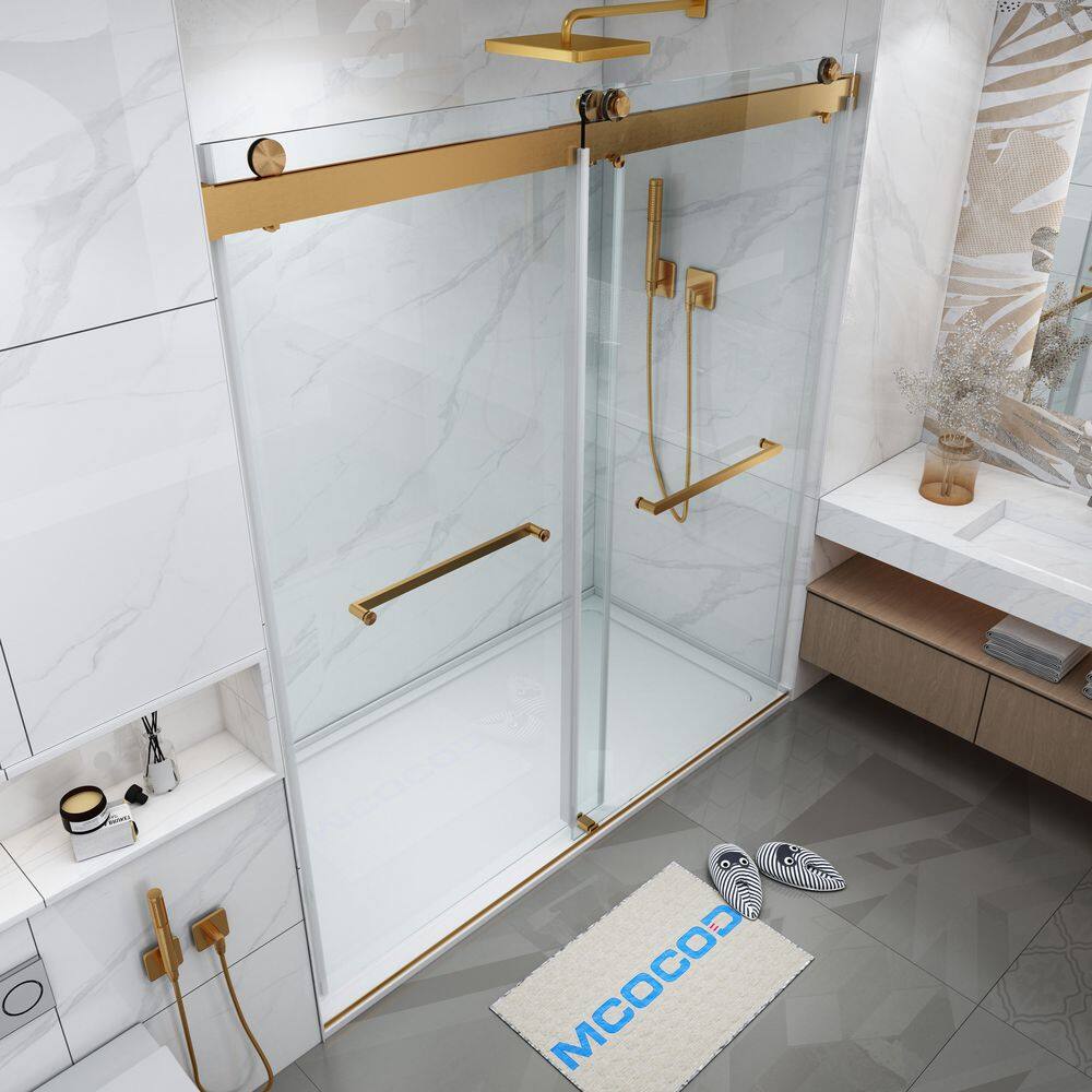 MCOCOD 60 in. W x 72 in. H Double Sliding Frameless Shower Door in Brushed Gold with Soft-Closing and 38 in. (10 mm) Glass DS13-60x72-BG