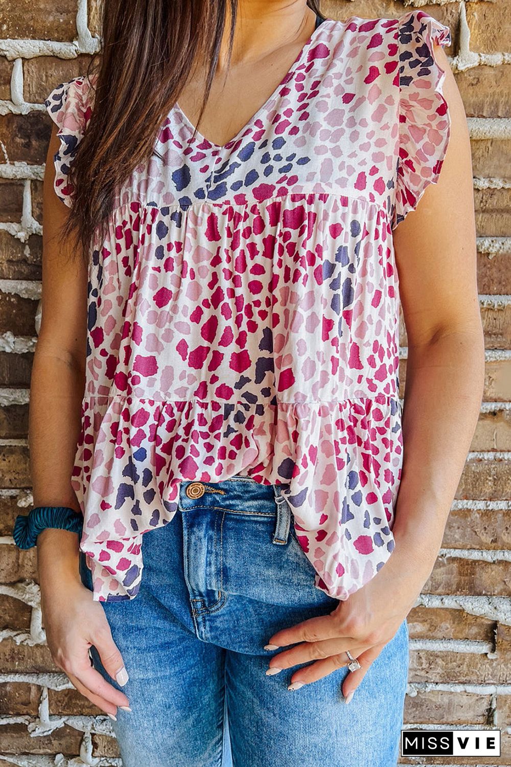 Spotted Print Ruffled V Neck Tank Top