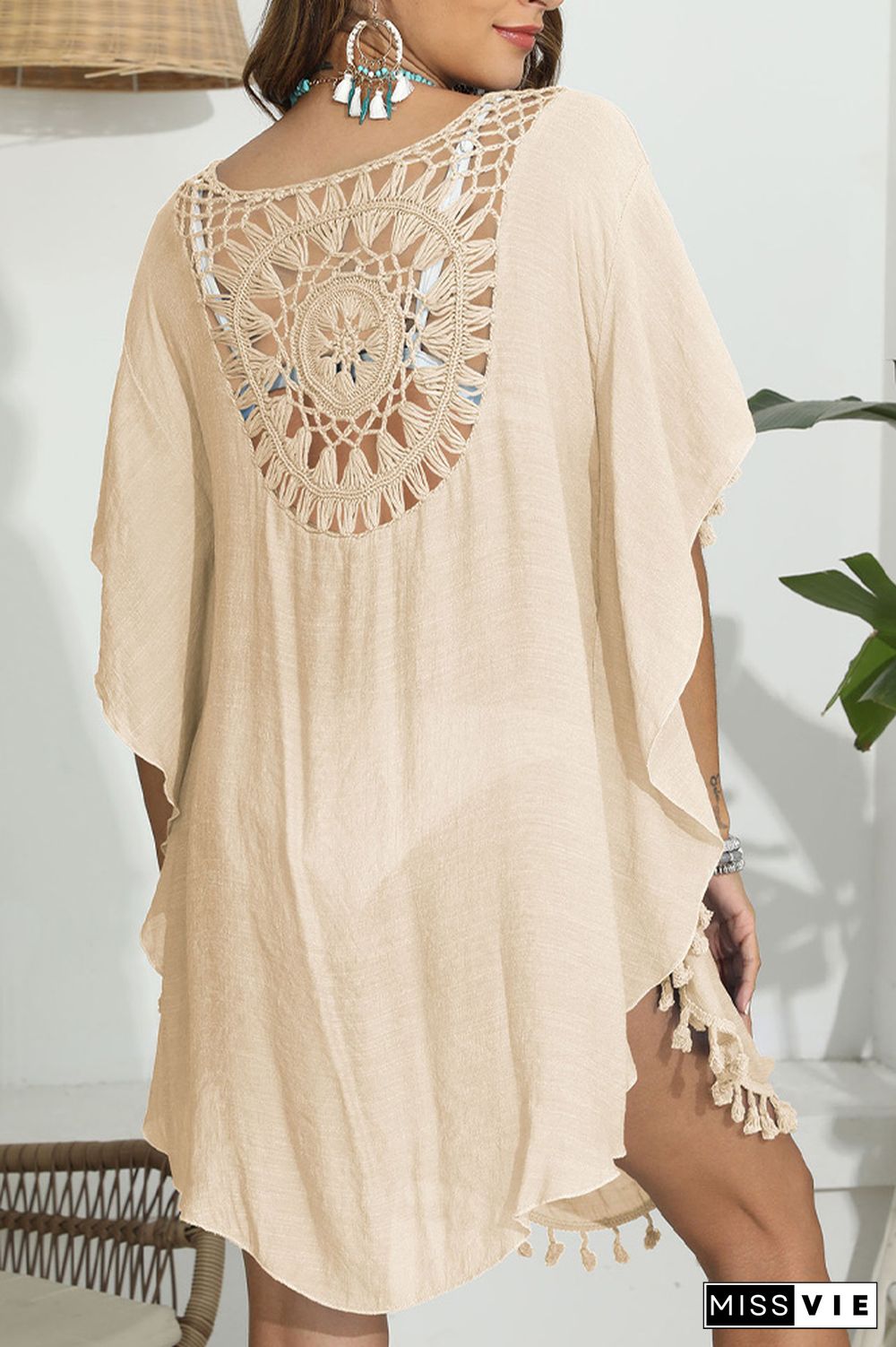 Tassle Crochet Plain Beach Cover Up Kimono