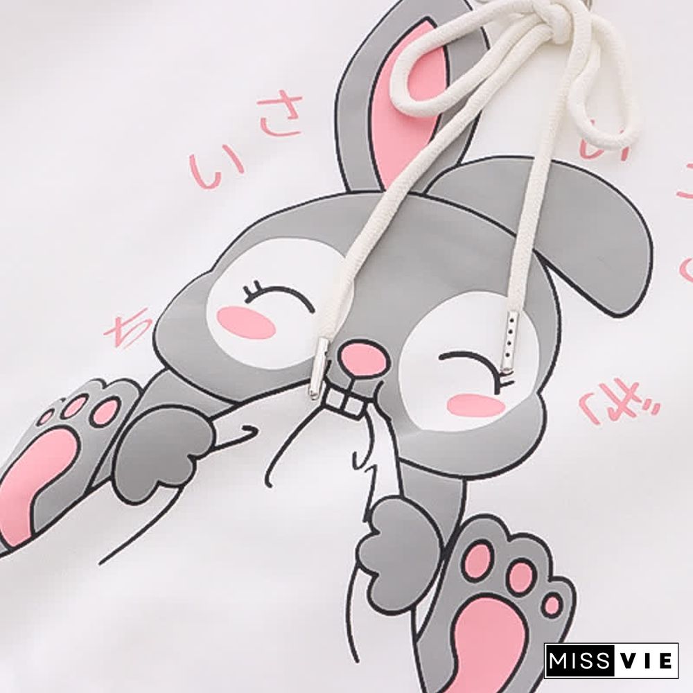 Cartoon Rabbit Print Lace Up Loose Plush Hoodie