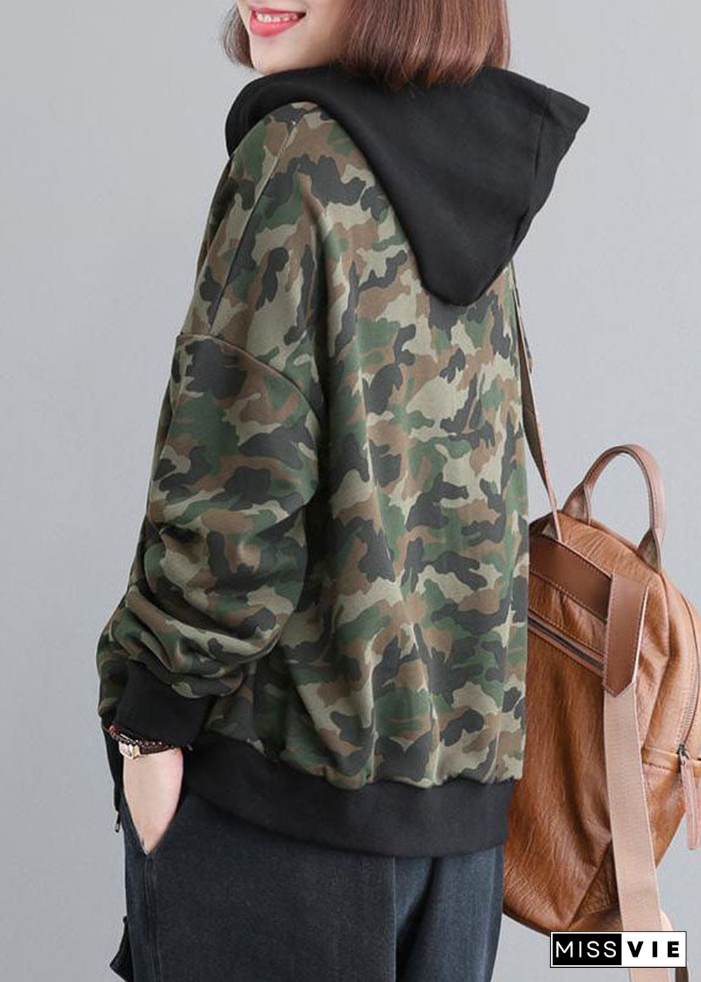 Casual Green Zip Up Patchwork Camouflage Cotton Hoodies Outwear Fall