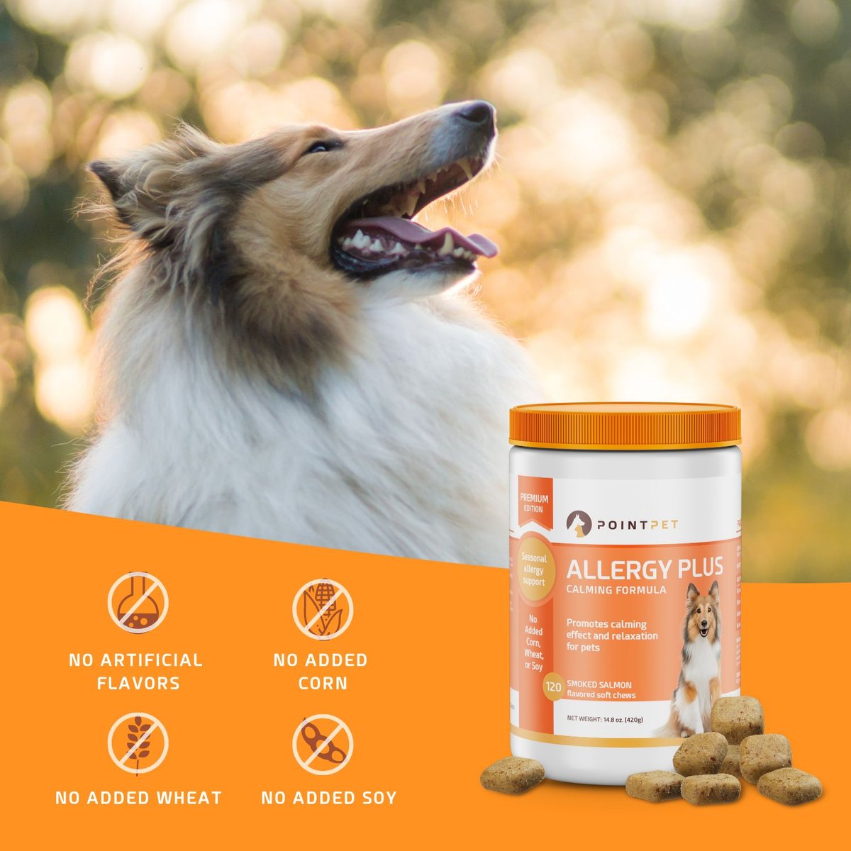 PointPet Allergy Plus Calming Smoked Salmon Flavored Seasonal Allergy Support Soft Chew Dog Supplement， 120 Count