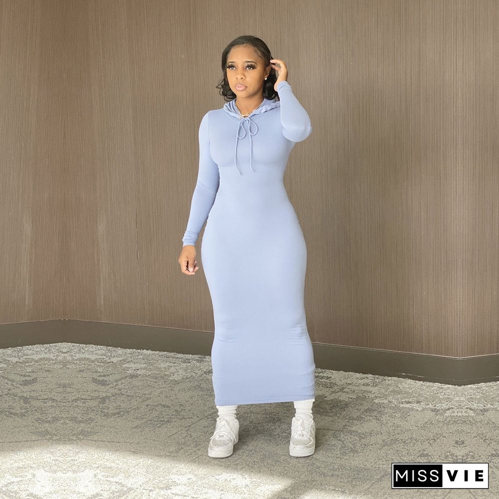 Solid Hooded Long Sleeve Bodycon Maxi Dress