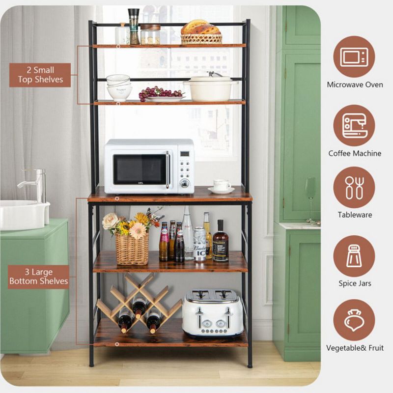 Hivago 5-Tier Kitchen Bakers Rack with Hutch and Open Shelves-Rustic Brown