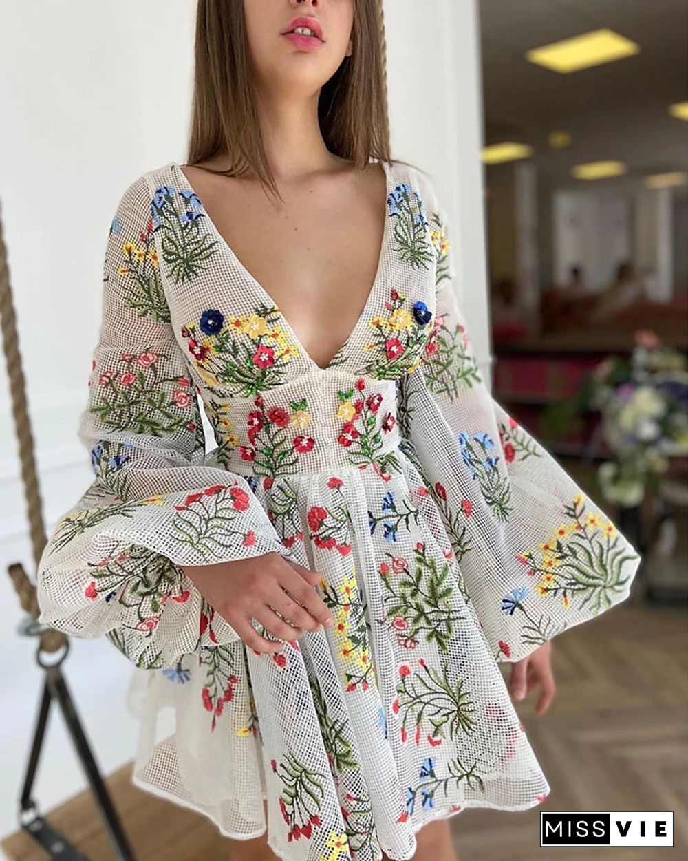 Women's A Line Dress Short Mini Dress Long Sleeve Floral Embroidered Fall Spring Elegant Vintage Lantern Sleeve Mesh White S M L XL