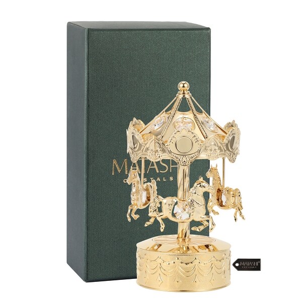 24K Gold Plated Music Box w/Crystal Studded Carousel Horse Figurine