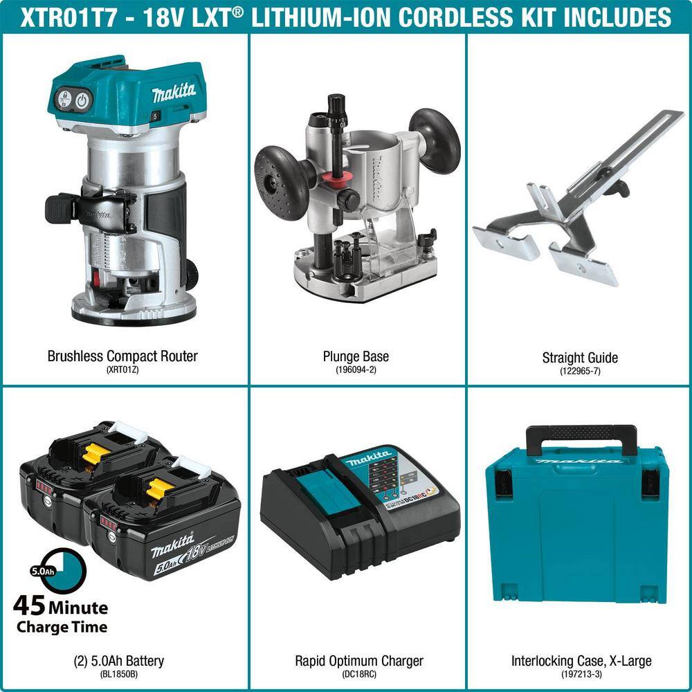 Makita 5.0 Ah 18V LXT Lithium-Ion Brushless Cordless Compact Router Kit XTR01T7