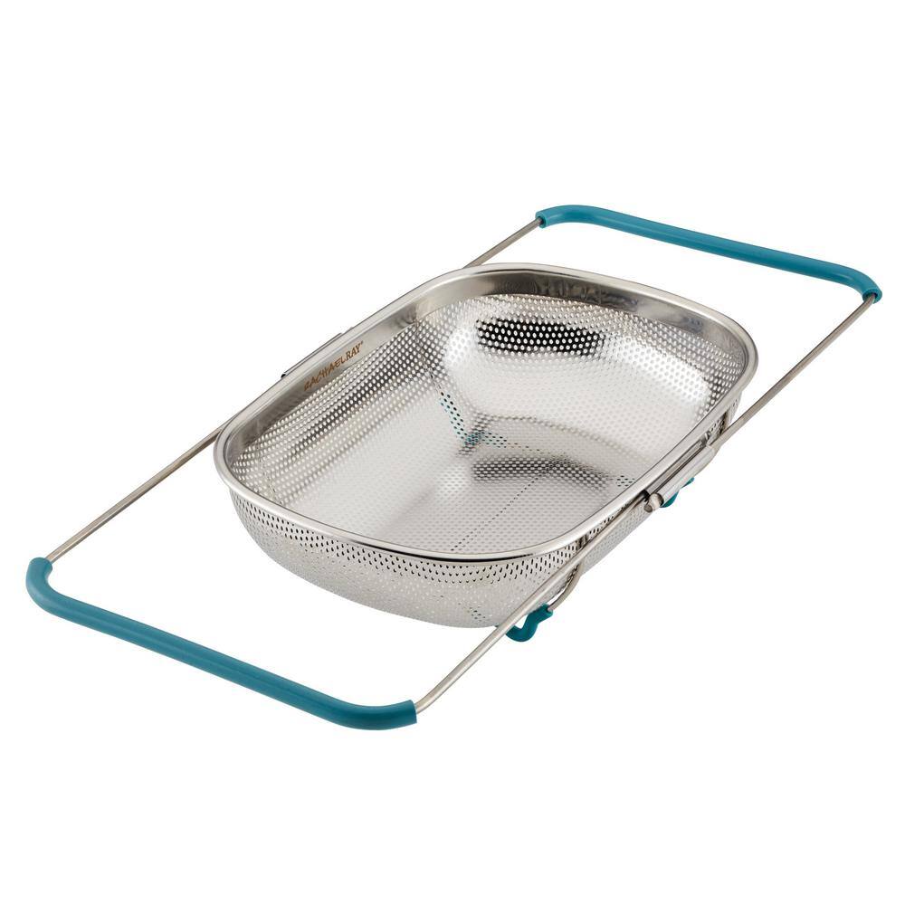 Rachael Ray Tools and Gadgets 4.5 qt. Stainless Steel Over-The-Sink Colander Agave Blue Handles 48533