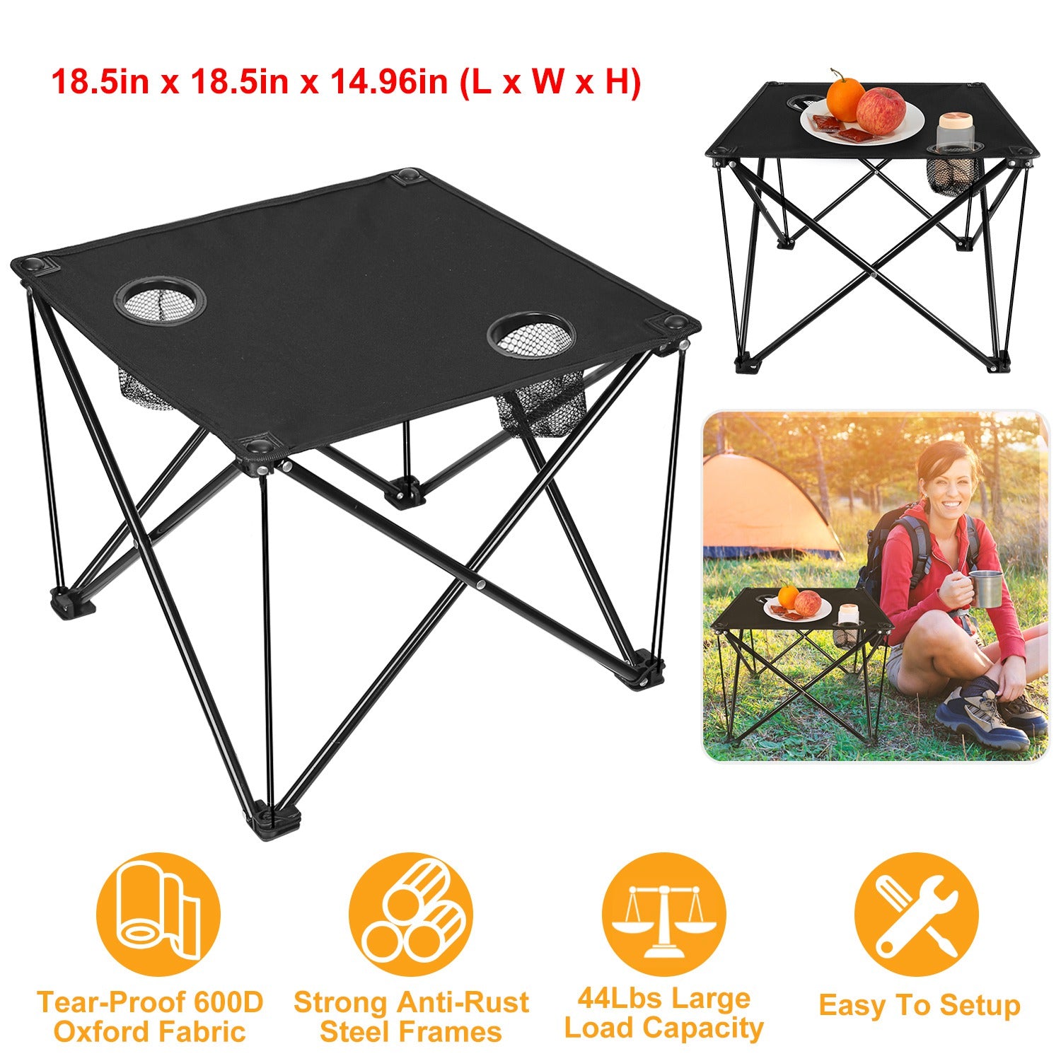 iMounTEK Portable Camping Table Picnic Table with Cup Holders， Oxford Cloth Table for Outdoor Picnic Beach BBQ，Black