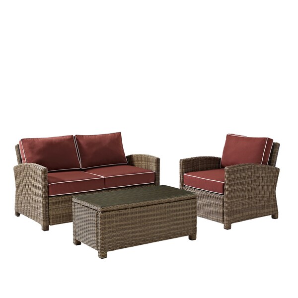 Crosley Bradenton Outdoor Wicker 3Piece Seating Set with Sangria Cushions