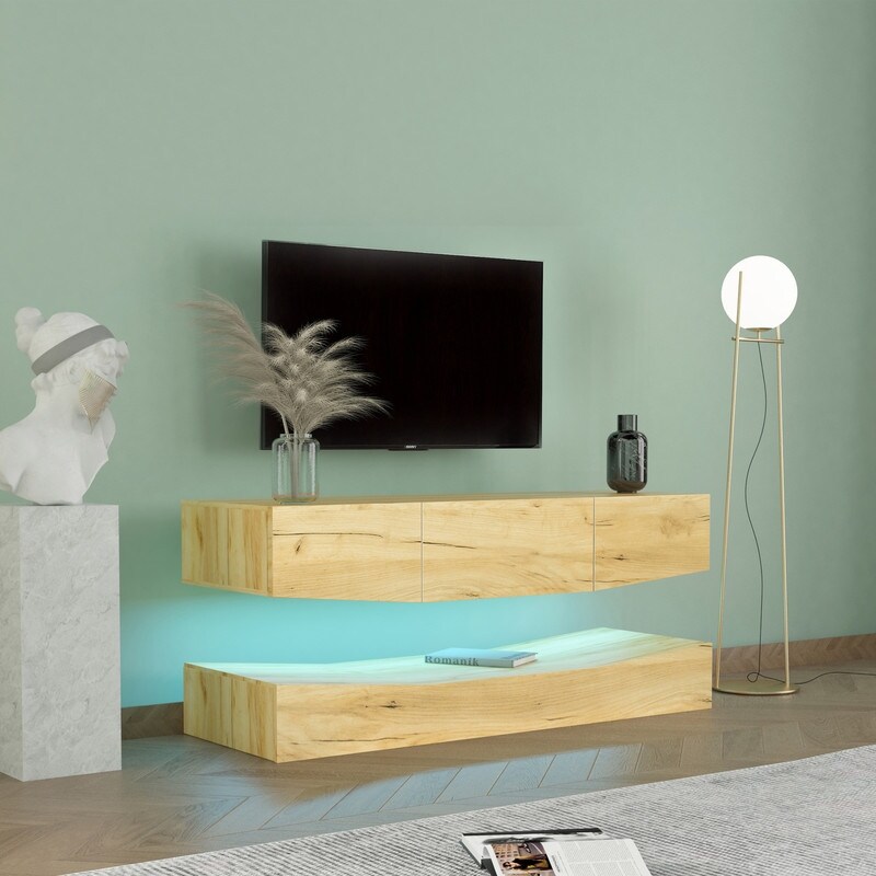 Wall mounted TV stand with LED lights for 55 inch TV  3 drawers and open storage rack