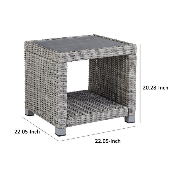 22 Inch Square Side End Table， Gray Resin Wicker Woven， Aluminum Frame