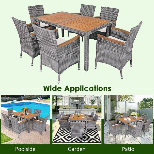 Costway 7pcs Patio Rattan Dining Set Acacia Wood Table Cushioned Chair Mix Gray