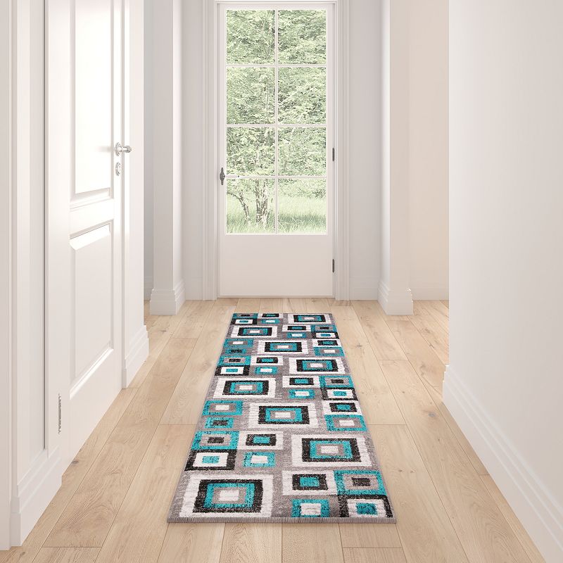 Masada Rugs Newton Collection Modern 2'x7' Accent Rug with Geometric Square Pattern in Turquoise， Gray and White