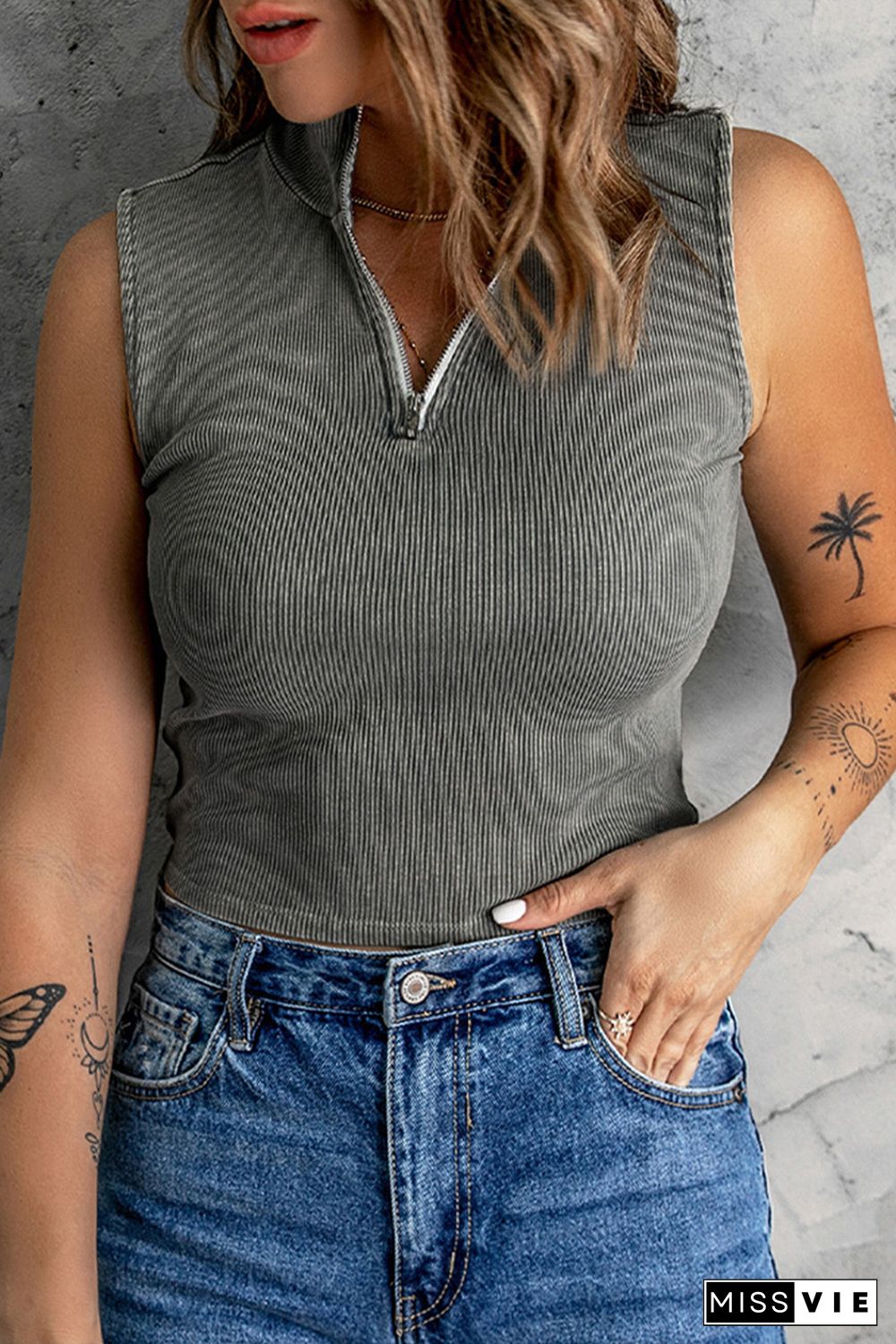 Gray Zip-up Ribbed Cropped Tank Top