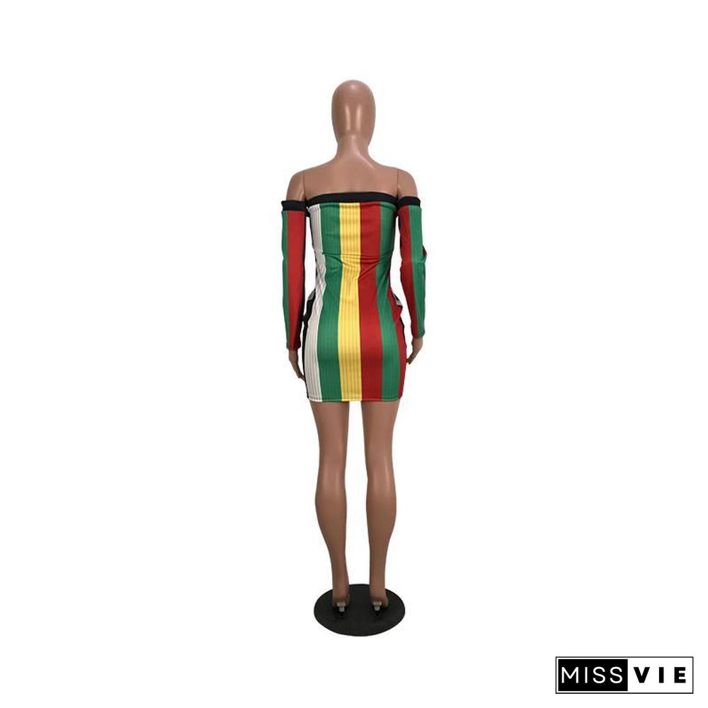 Sexy Strapless Off Shoulder Rainbow Stripes Mini Bodycon Dress