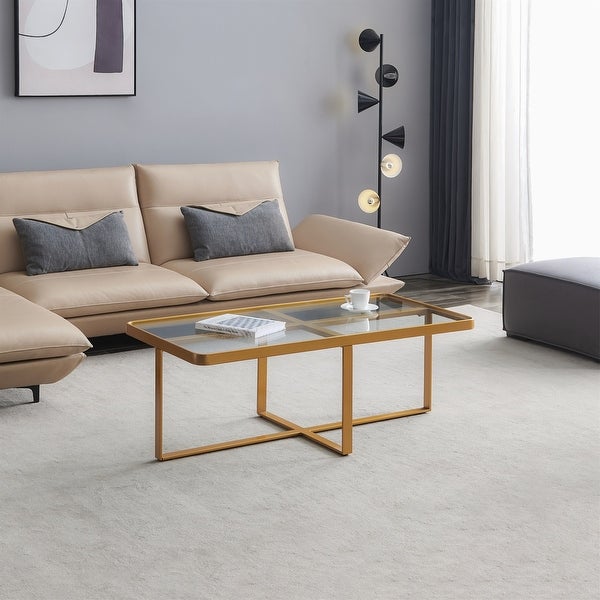 Minimalism Rectangle Coffee Table with Glossy Tabletop， Sofa Table with Metal Frame and Sturdy Cross Base for Living Room， Office