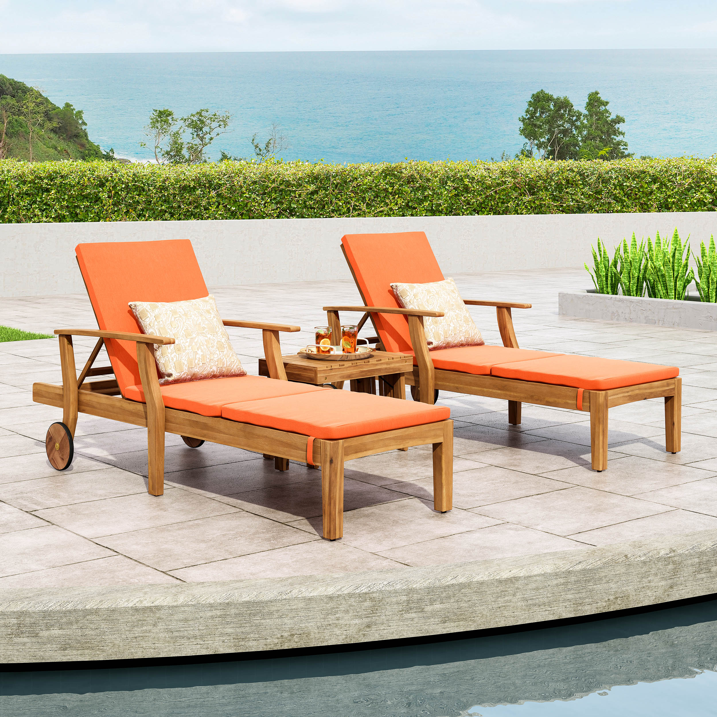 Capri Outdoor Acacia Wood 3 Piece Chaise Lounge Set with Water-Resistant Cushions