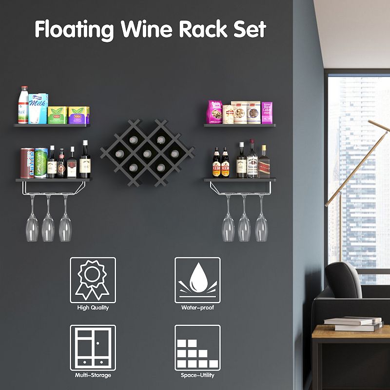 Set of 5 Wall Mount Wine Rack Set with Storage Shelves