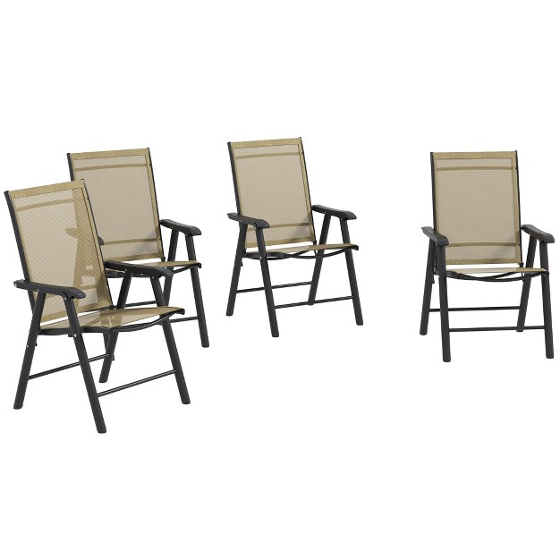 Outsunny Set Of 4 Patio Folding Chairs Stackable Outdoor Sling Chairs With Armrests For Lawn Camping Dining Beach Metal Frame Light Brown