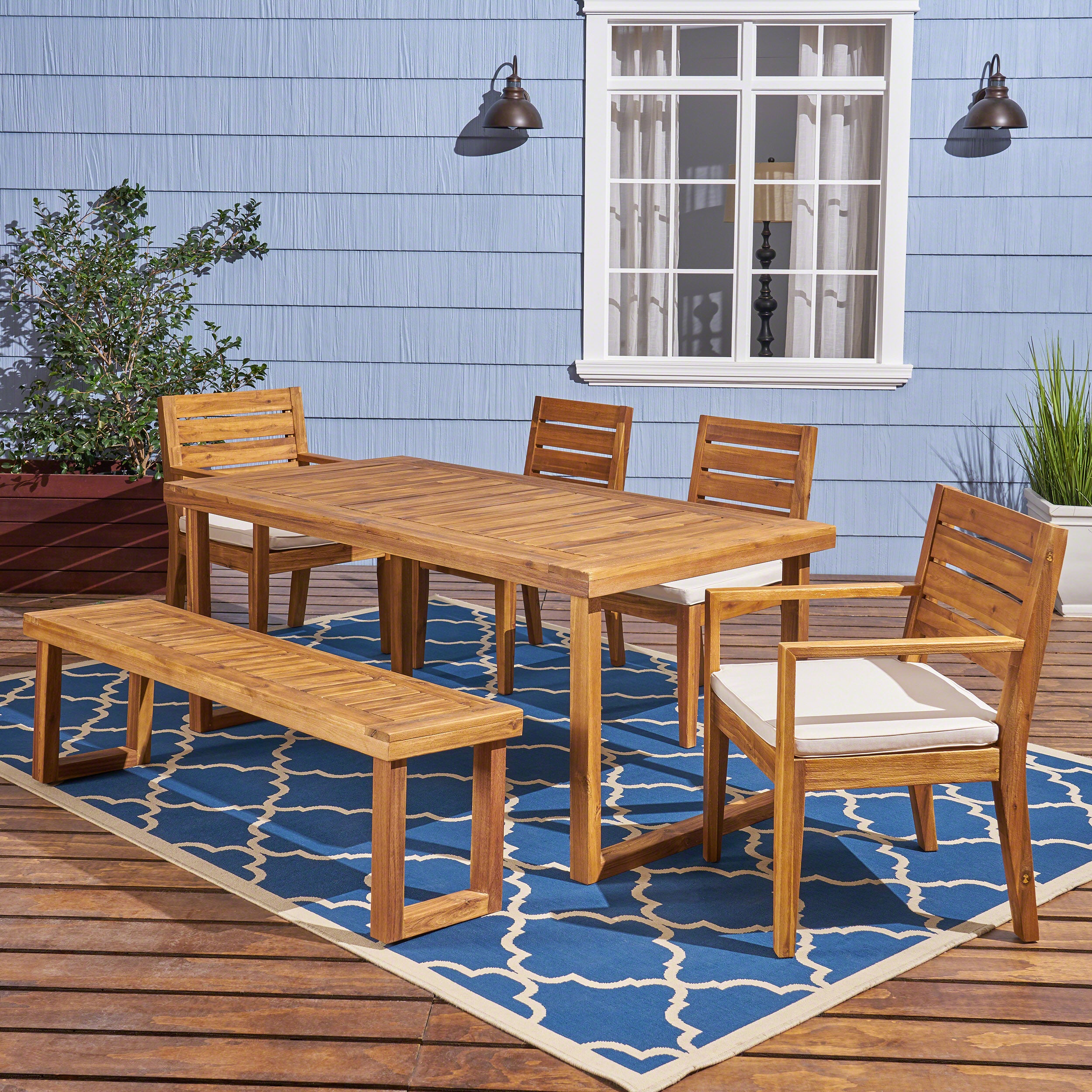 Eric Outdoor 6-Seater Acacia Wood Dining Set with Bench