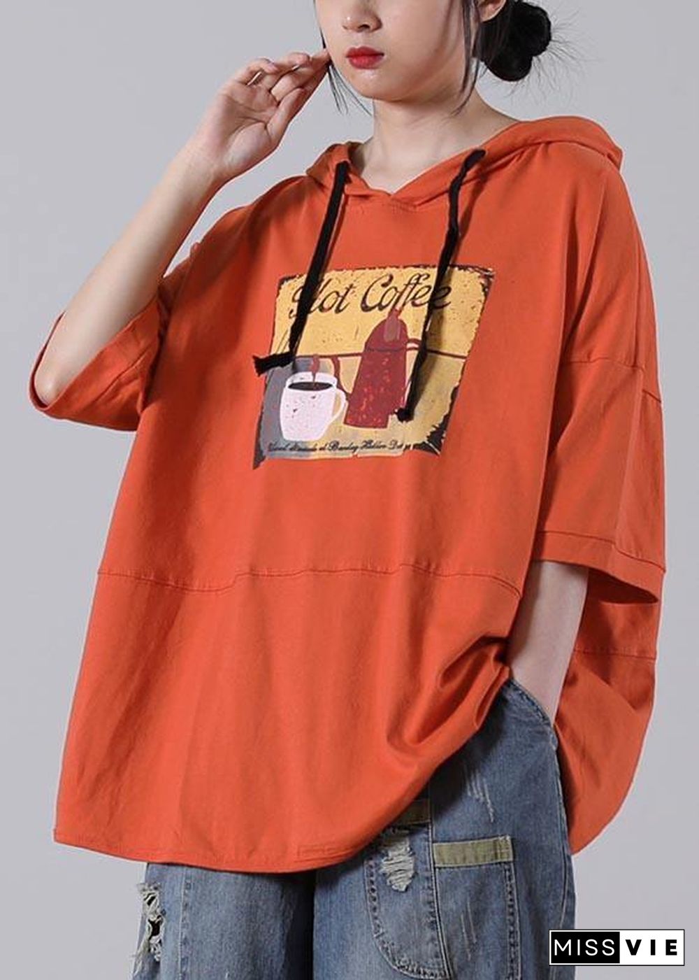 Plus Size Orange Print Cotton Sweatshirts Top