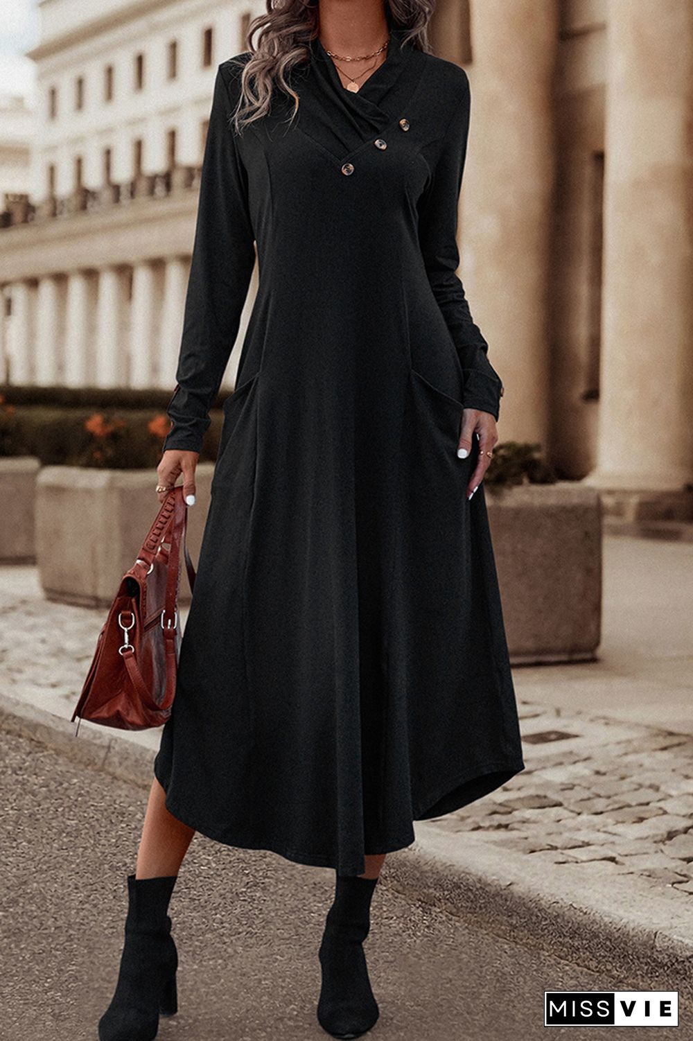 Black Ruched Buttoned Ruffle Long Dress