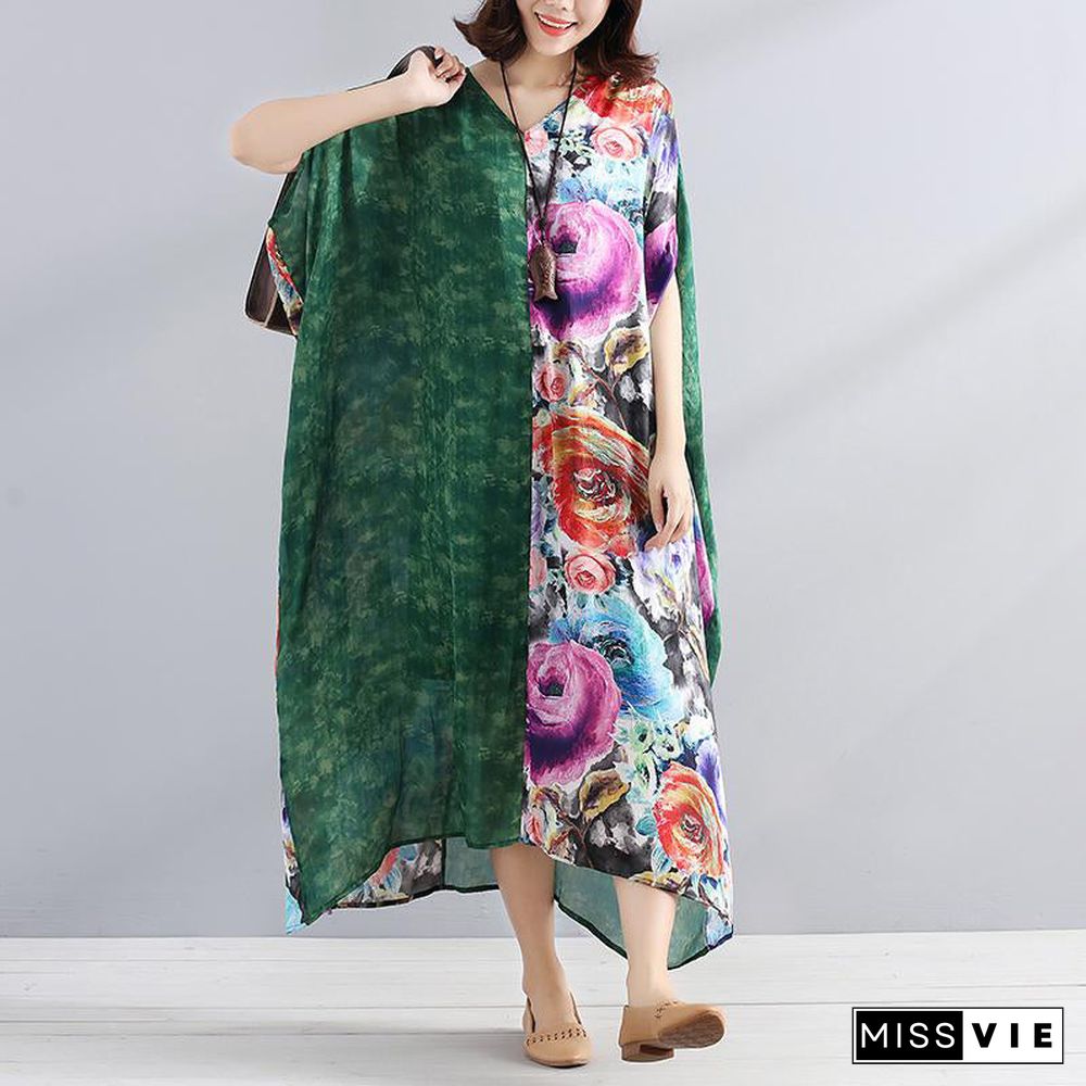 Women chiffon Robes Fitted V Neck Splicing Short Sleeves Printed Women Summer Dress