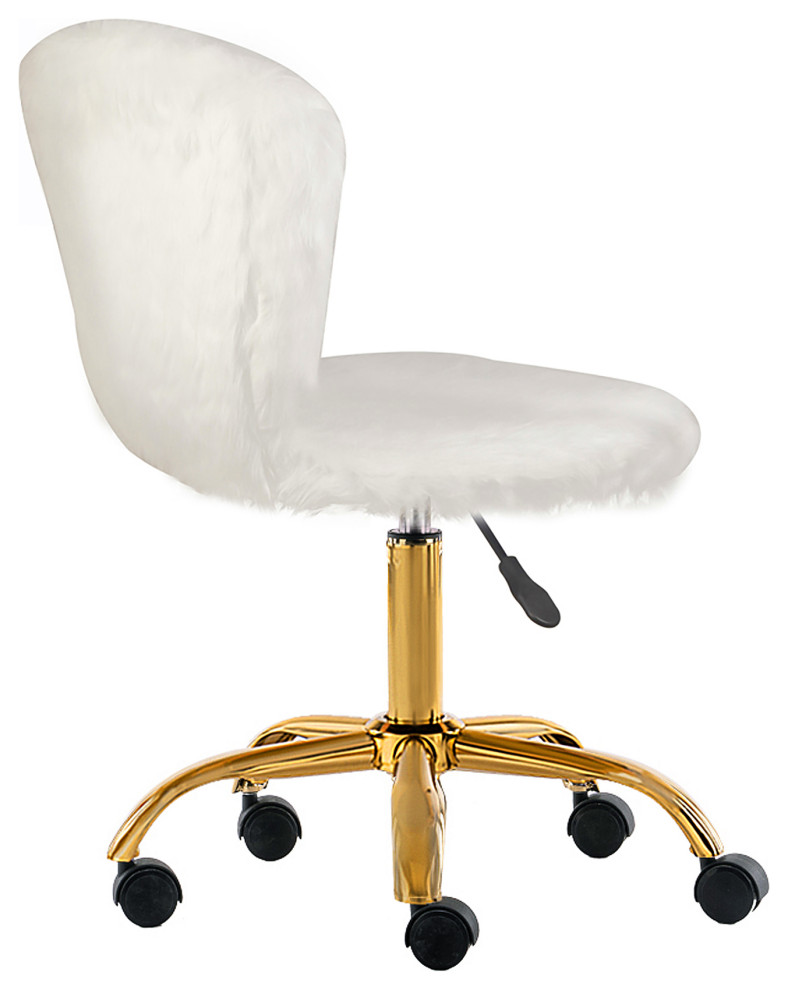 Faux Fur Upholstered White Makeup Vanity Chairs With Golden Chrome Base   Contemporary   Vanity Stools And Benches   by specialty imports  Houzz