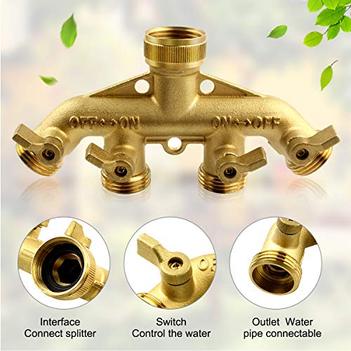 RIFFUE Garden Hose Splitter 4 Way Heavy Duty Brass Hose Spigot Adapter with 4 Valves， Hose Connector 3/4