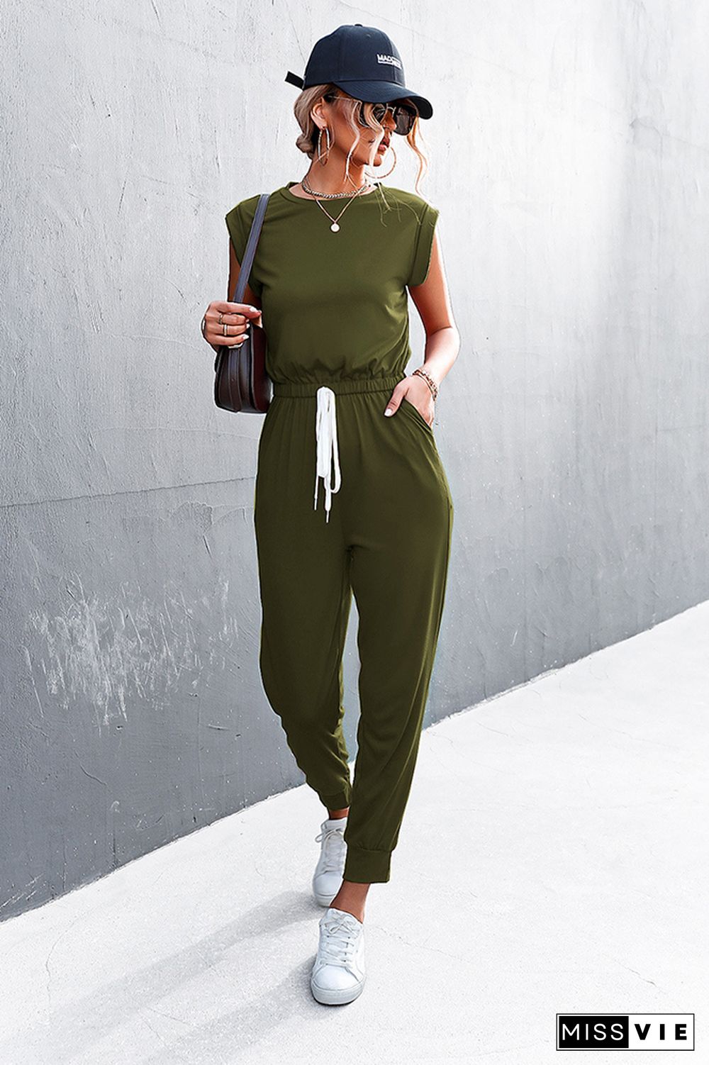 Solid Sleeveless Drawstring Waist Jumpsuit Wholesale