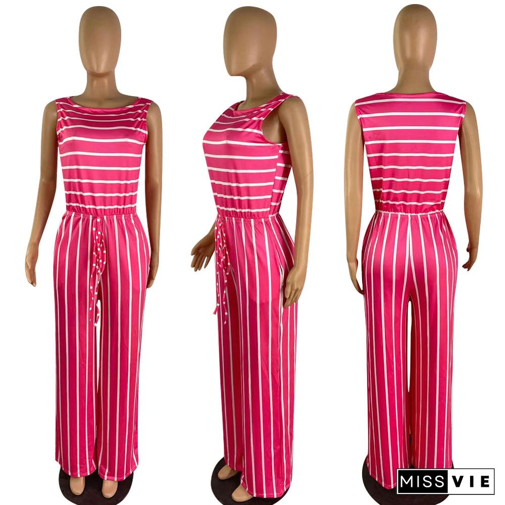 New Striped Lace-Up Sleeveless Wide-Leg Jumpsuit