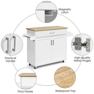 ANGELES HOME White Wood Top Small Rolling Kitchen Island Cart with Towel and Spice Rack Kitchen Island on Wheels M51-8KC983WH