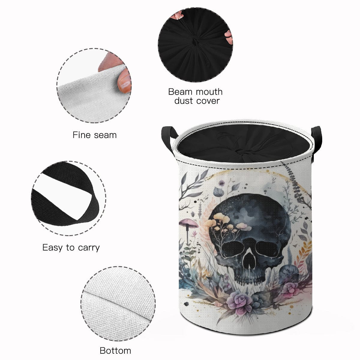 Watercolor Skull Dirty Laundry Basket With Drawstring Opening