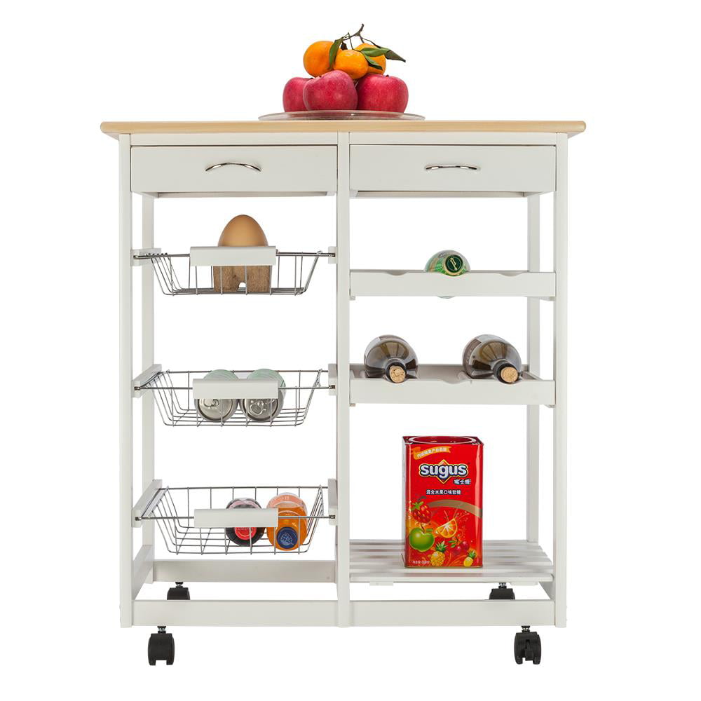 GoDecor Rolling Kitchen Trolley Cart Island， Wood Kitchen Cart with Two Drawers，White