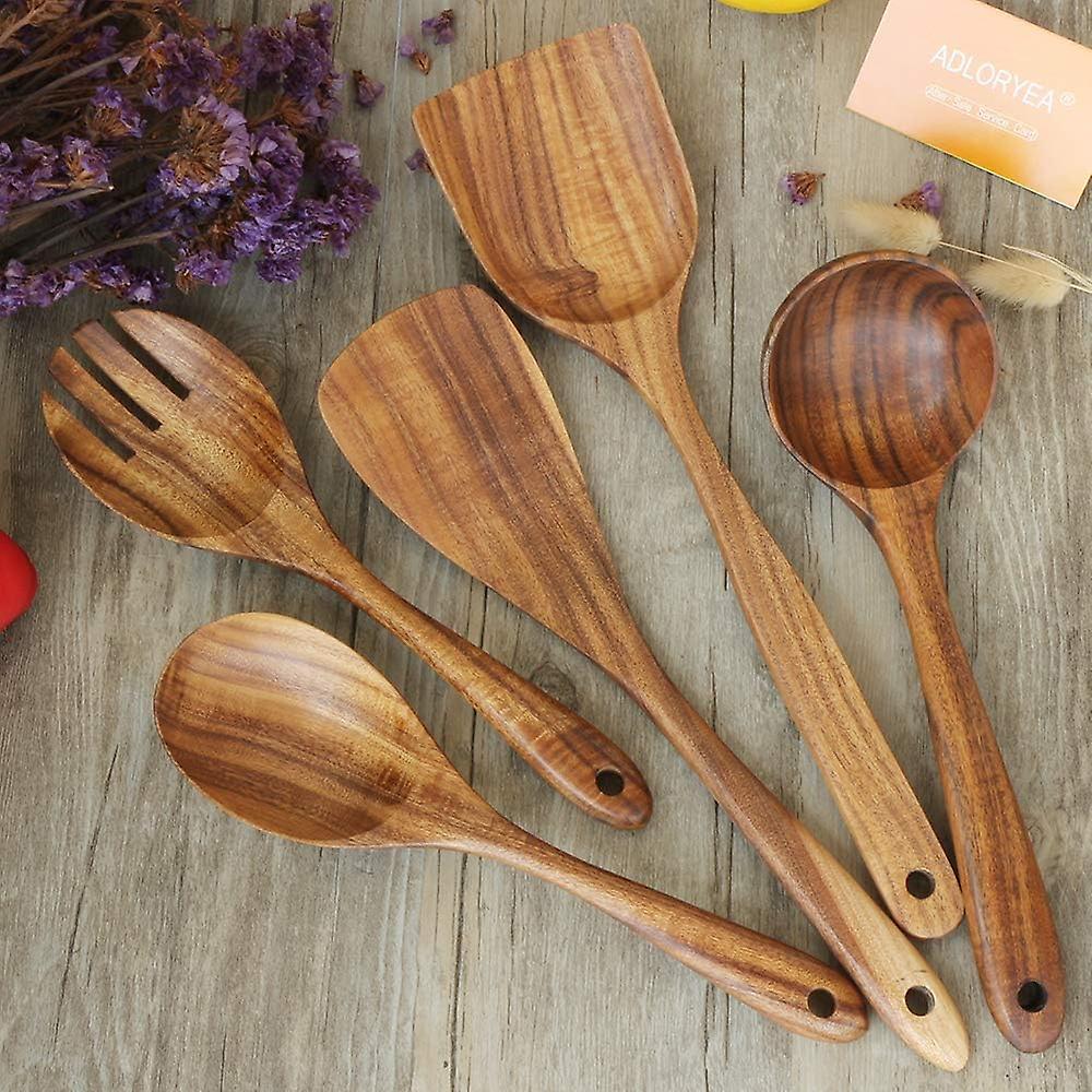 Wooden Spoons For Cooking， Wooden Utensils For Cooking With Nonstick Cookware， 5-piece Wood Spatula Set Kitchen Tools Made By 100% Eco-friendly Natura