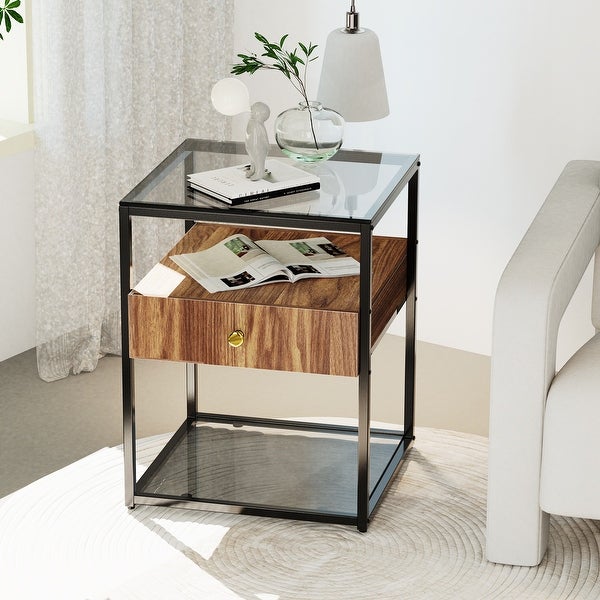 Modern Single-Drawer Glass End Table Bedside Nightstand Storage Table - 17