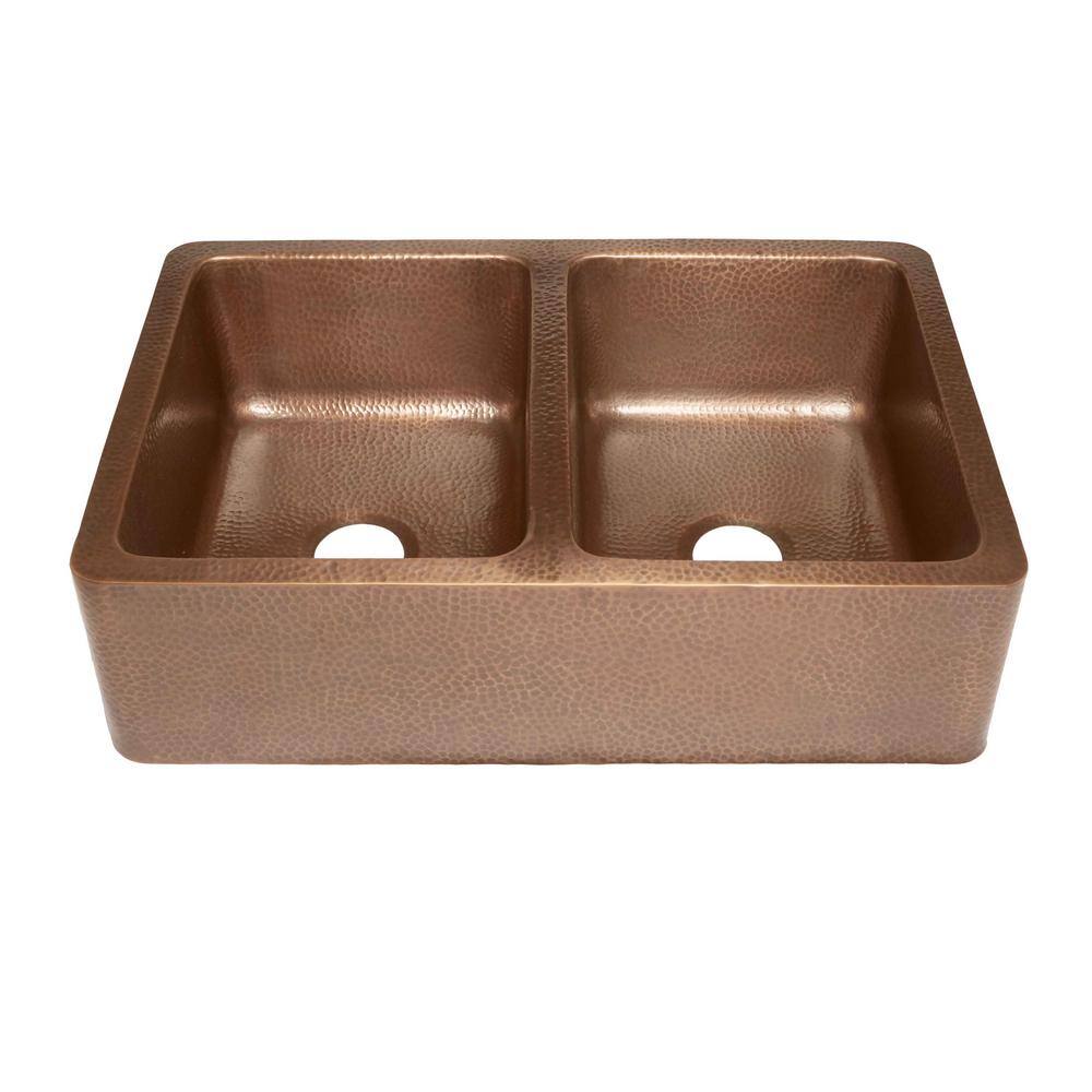 SINKOLOGY Adams 33 in. Farmhouse Double Bowl 16 Gauge Antique Copper Kitchen Sink K2A-1005ND