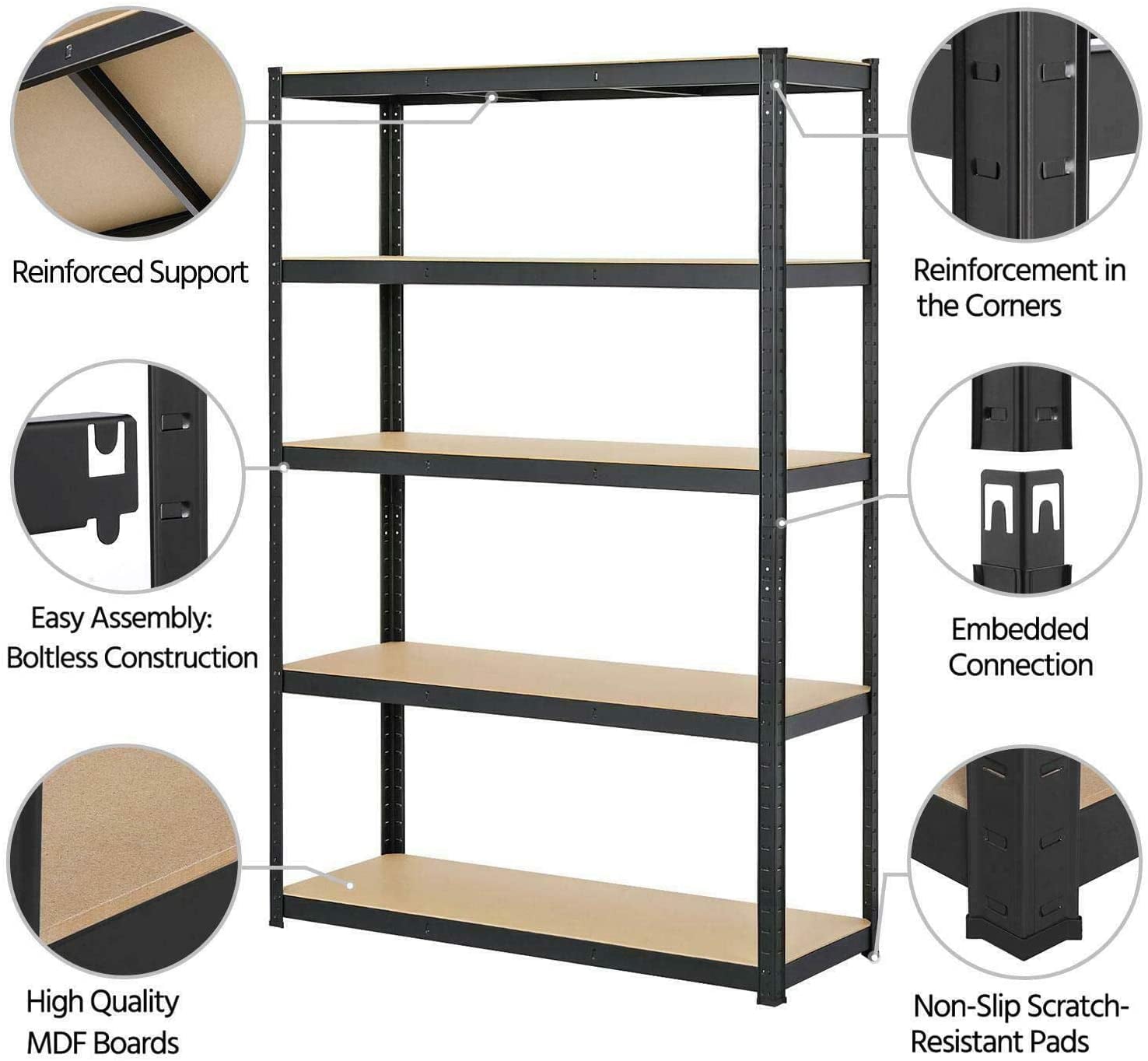 Bowoshen 5-Tier Heavy Duty Metal Shelving Shelves, 70"x35"x16" Racking Storage Unit, Black Garage Shed