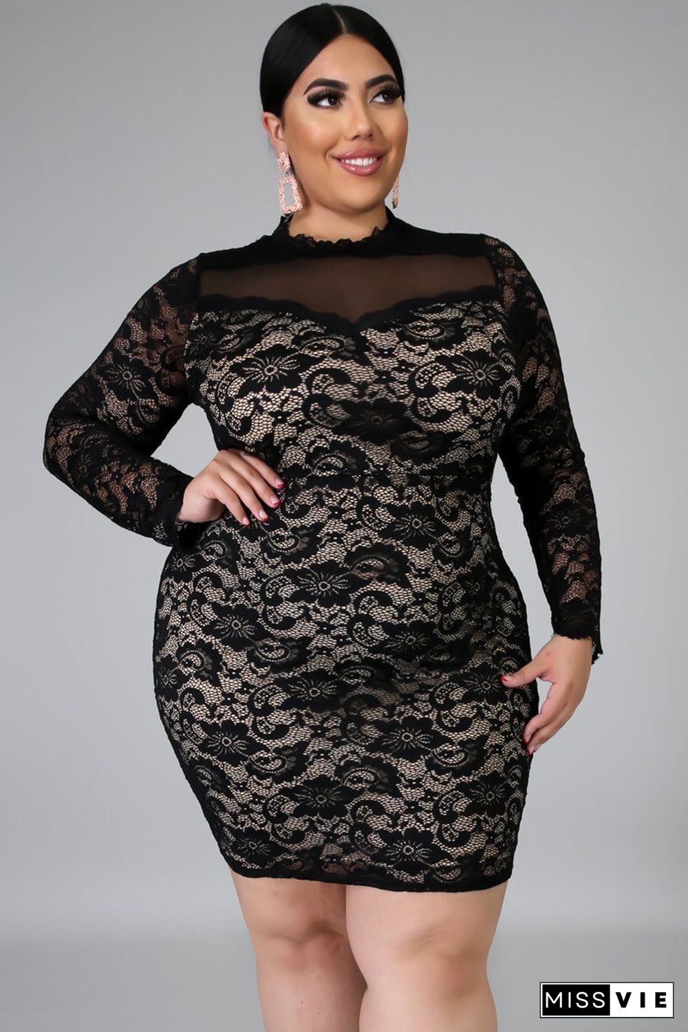 Black Long Sleeve Lace Mesh Splicing Floral Plus Size Dress