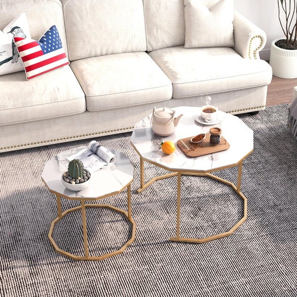 Nesting Coffee Table / End table with 12-sided Artificial Marble Top and Metal Legs