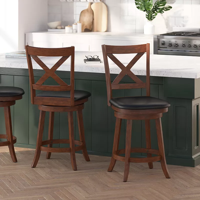 Merrick Lane Sora 24 Classic Wooden Crossback Swivel Counter Height Pub Stool with Upholstered Padded Seat and Integrated Footrest