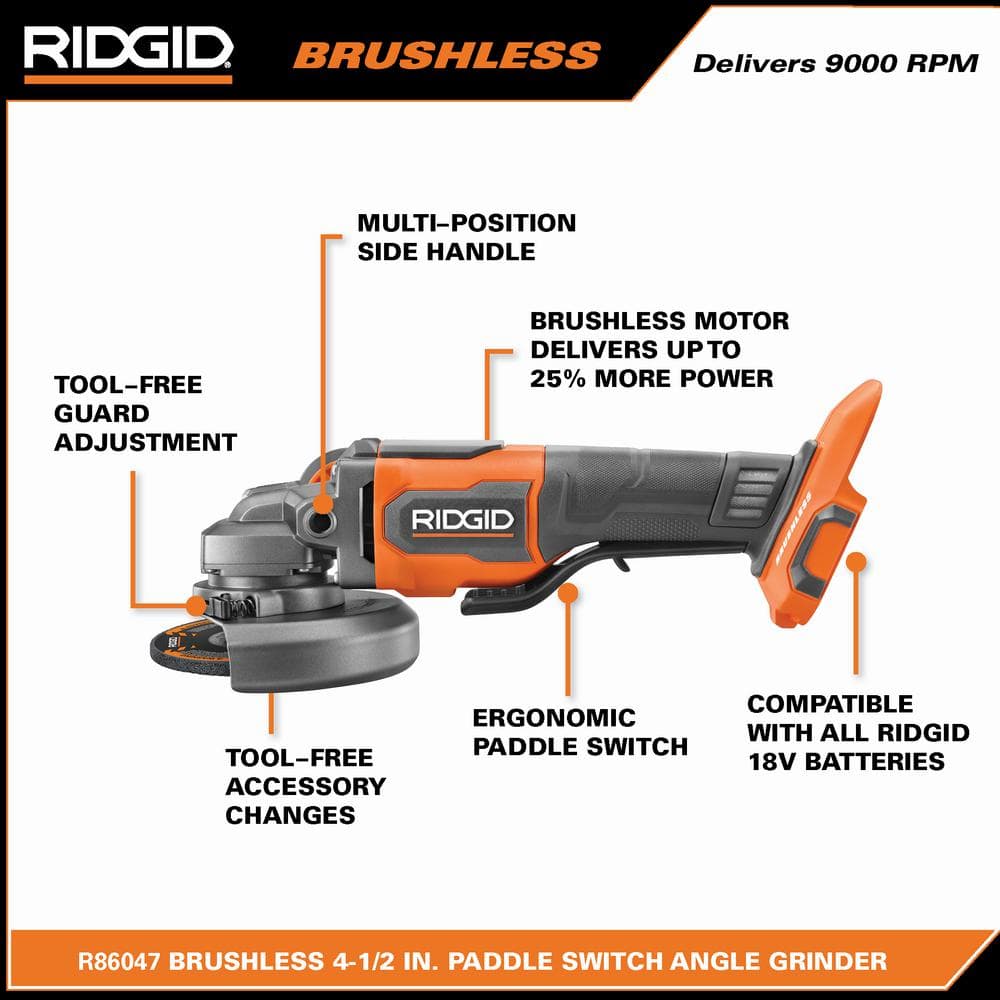 RIDGID 18V Brushless Cordless 4-1/2 in. Paddle Switch Angle Grinder with (2) 4.0 Ah Batteries, Charger, and Bag R86047B-AC93044SBN