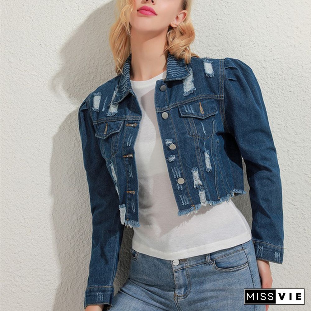 Women Ripped Denim Jackets Vintage Casual Short Jean Jacket Puff Sleeve Female Coat Streetwear