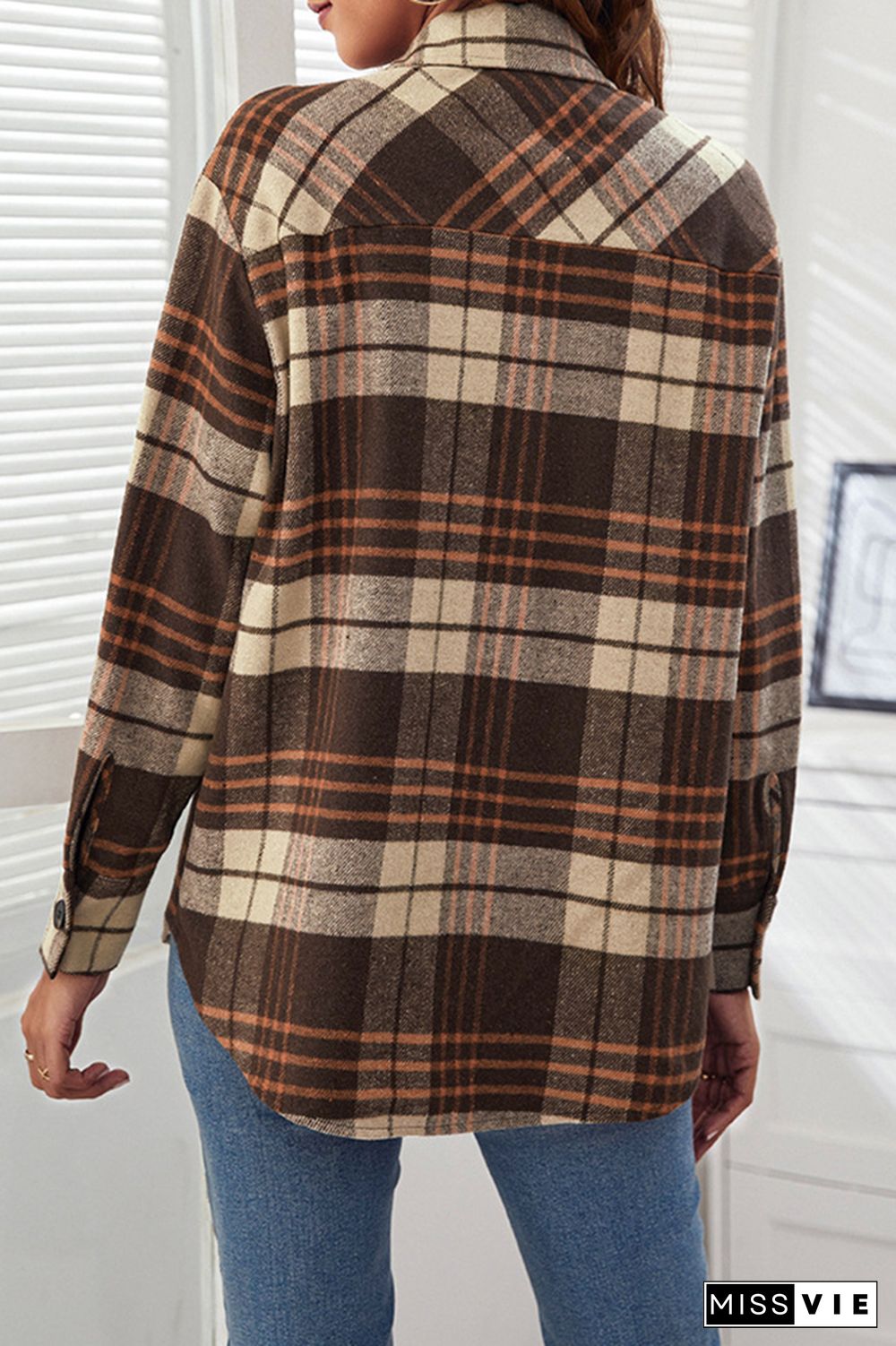 Loose Plaid Turn-down Collar Button Shacket Jacket Wholesale