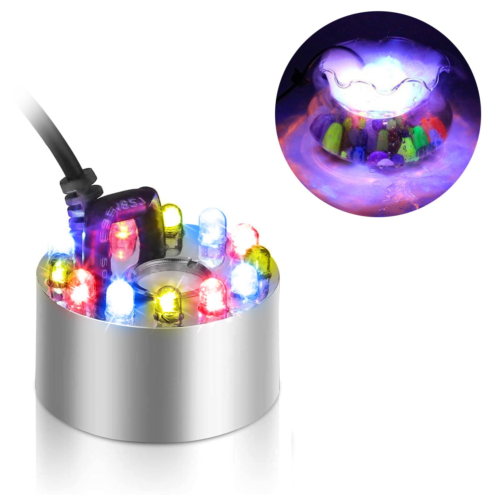 12 LED Mist Maker， EEEkit Aluminum Fog Maker， Water Fountain Pond Fogger， Rockery Vase Fish Tank Decor， Multi-color