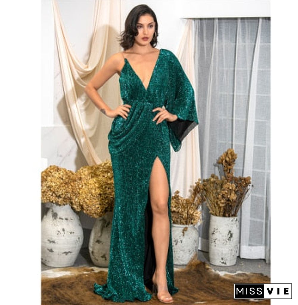 Love&Lemonade Sexy Rose Gold V-Neck Single Sleeve Sequins Split Party Maxi Dress Lm81848