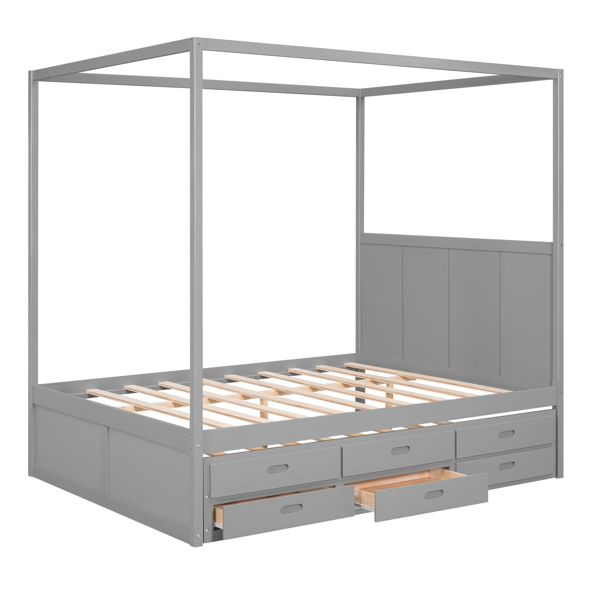 EUROCO Queen Size Canopy Platform Bed with Trundle and Drawers, Gray