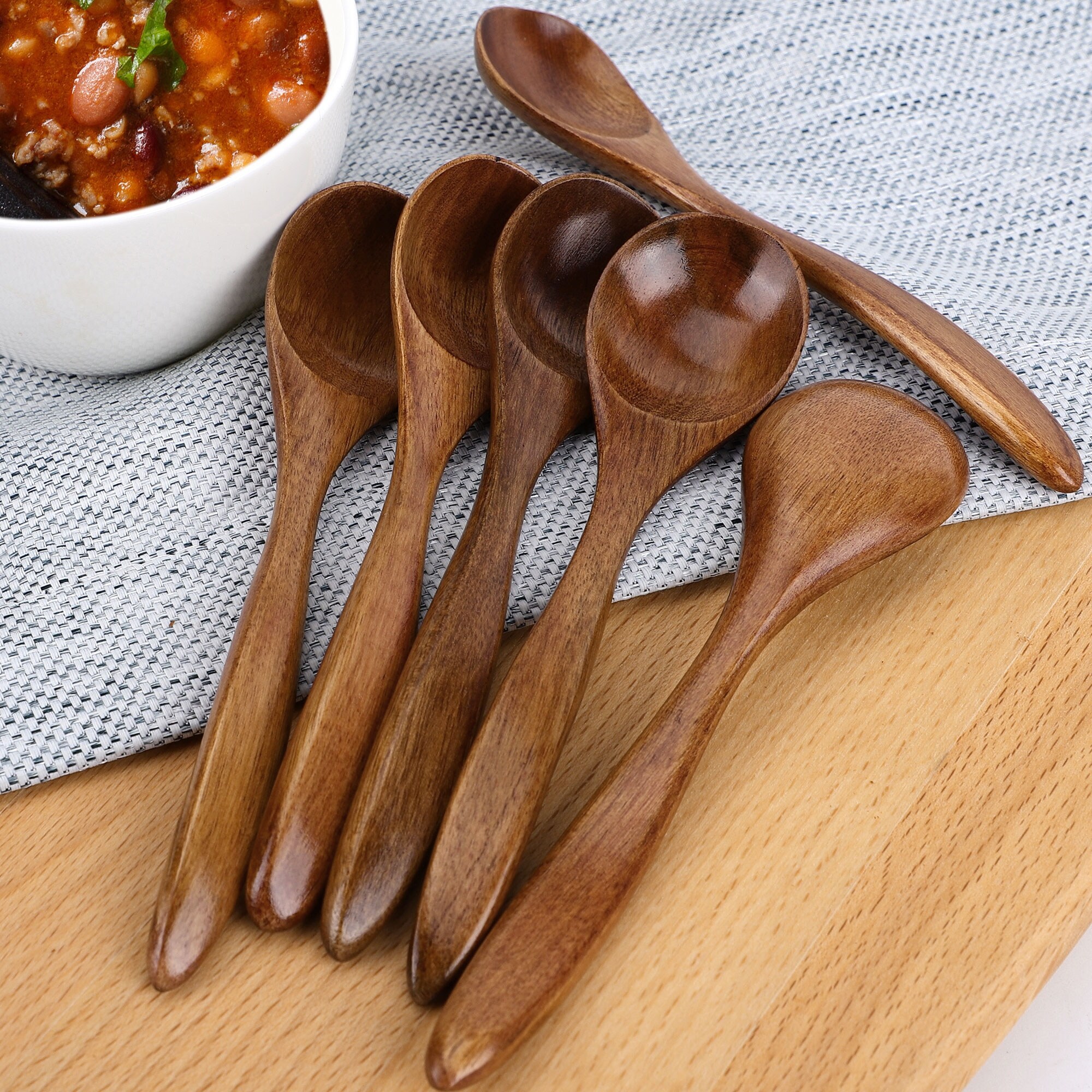 Wooden Spoons 6 Pcs Natural Grain Soup Spoon Salt Sugar Dining Spoons 5.5